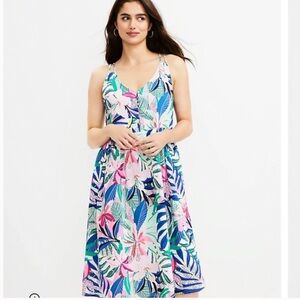 LOFT Double Strap Colorful Tropical Palm Midi Dress Flowy Size 4